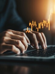 Fototapeta premium A professional analyzing financial data on a laptop, showcasing market trends with upward graphs for investment insights.