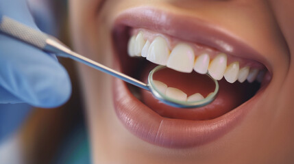 Fototapeta premium Dentist Checking Patient's Teeth with a Dental Mirror, Healthy Teeth