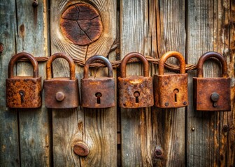 A row of rusty locks with the letter R on them, against a worn wooden background, evoke a sense of aged security and forgotten memories.