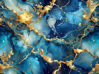 Luxurious abstract blue marble textured background adorned with scattered gold splashes, evoking a sense of sophistication, elegance, and refined luxury.