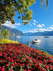 Lake Geneva from Montreal during the spring time, flowers blossom. 