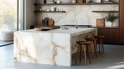 A contemporary kitchen island made of marble, paired with wooden bar stools , interior design