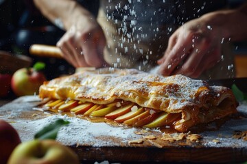 A baker in a professional kitchen preparing apple strudel with sugar and flour dust. The image captures the process of making this sweet pastry.