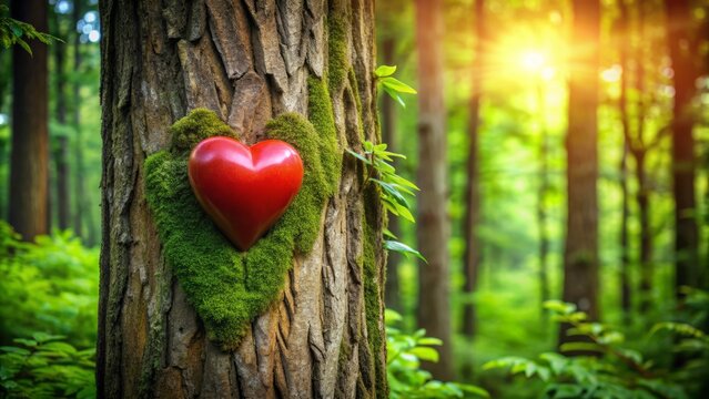 A vibrant red heart carved into the trunk of a lush green tree, surrounded by natural foliage, symbolizing eternal love and romance in a serene atmosphere.