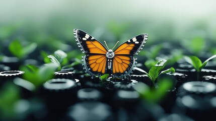 Naklejka premium A vibrant butterfly perched on lush greenery, showcasing nature's beauty and the importance of environmental conservation.