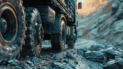 A robust off-road truck navigating a rocky trail, capturing the essence of adventure and exploration in rugged landscapes.