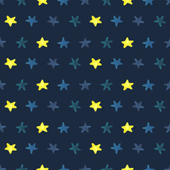 Star silhouettes with blue, yellow and turquoise paint texture. Watercolor illustration hand drawn in children's style. Seamless pattern on a dark blue background.