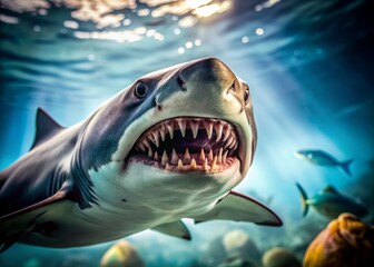 Naklejka premium Close-up portrait of aggressive shark's mouth and sharp teeth, with a subtle aquarium background, natural lighting, and ample copy space for text or captions.