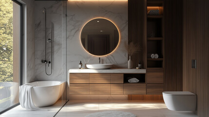 Fototapeta premium A sophisticated bathroom with a marble vanity and wooden storage units , interior design