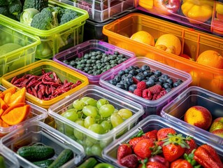 Obraz premium Variety of fresh fruits in colorful containers for healthy snacks.