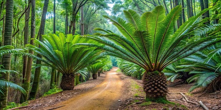 Mountain cycad growing on forest trail in Sai Thong National Park, Chaiyaphum province, Thailand
