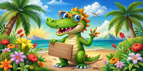 Naklejka premium A colorful, whimsical illustration of a smiling alligator wearing sunglasses, holding a sign, surrounded by tropical flowers and palm trees in a fun summer scene.