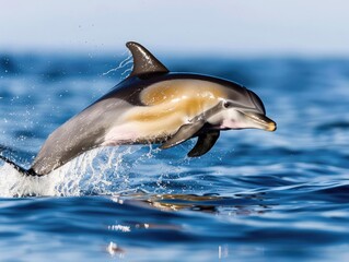 A playful dolphin pod swimming in bluetone waters