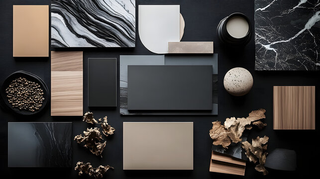 interior design material moodboard - black color tones