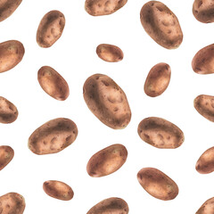 Whole tuber of red potatoes with brown skin. Watercolor illustration, hand drawn on the theme of harvest, cooking, food, packaging, vegetable shop design. Seamless simple pattern