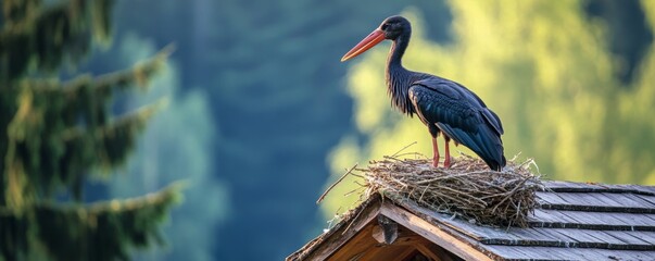 Black stork standing on wooden roof perched on nest © Denys