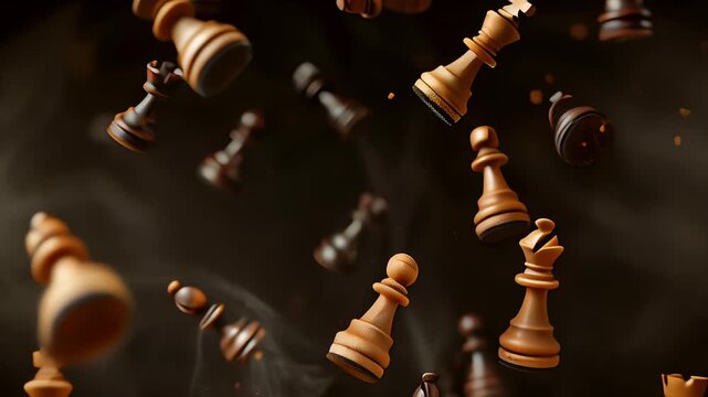 Still falling chess pieces on dark background, zoom in video