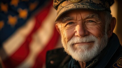 Portrait of veteran soldier with united states flag background. Patriot Day and memory concept