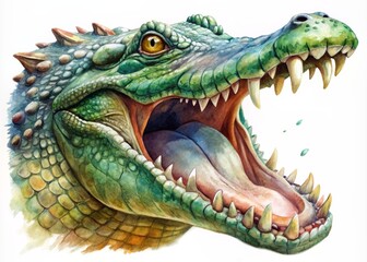 Fototapeta premium Vibrant watercolor illustration of a ferocious crocodile with its mouth wide open, showcasing sharp teeth, scaly skin, and a menacing gaze.