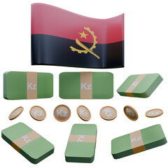 3D render illustration of Angola flag and currency called Kwanza
