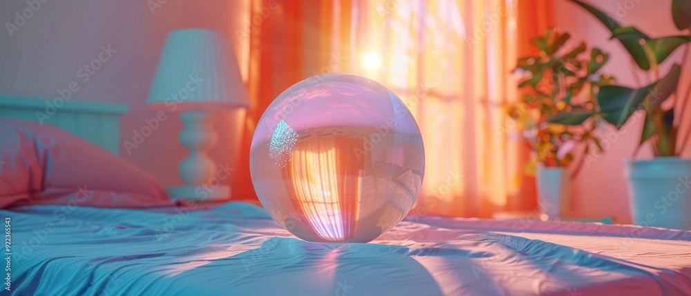 Aufkleber a serene bedroom scene with a luminous glass orb reflecting warm sunlight and vibrant colors, creati