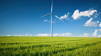 Giant wind turbine towering over a green field