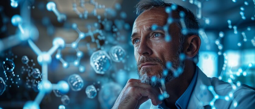 A thoughtful scientist contemplating molecular structures in a futuristic laboratory environment.