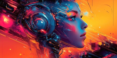 A Futuristic Woman's Face Merged with Abstract Technology