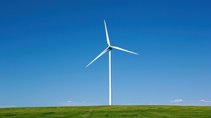 Fototapeta premium Imposing wind turbine captured from a low angle, emphasizing its size against the horizon