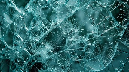 Close-up of shattered glass with water droplets in a soft green background