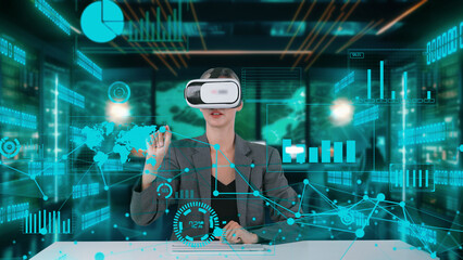 Businesswoman selecting network information world market graph analysis VR future global innovation business interface digital infographic network technology virtual hologram at server. Contraption.