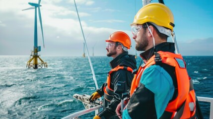 Maintenance workers inspecting an offshore wind turbine on a calm sea