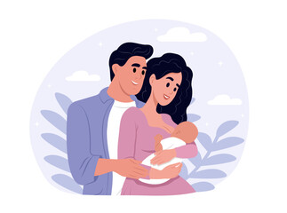 Mom, dad and baby. Happy mother, father and adopted child. Family and parenthood concept. Flat vector illustration isolated on white background