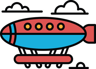 A black and white drawing of an airplane with a rocket on the tail. The airplane is flying through the sky with clouds in the background