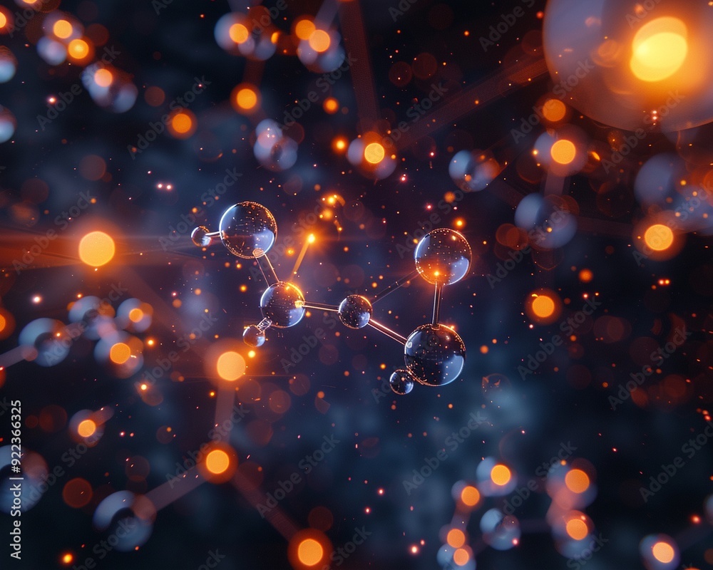 Poster a vibrant visualization of molecular structures illuminated by glowing particles, showcasing the bea
