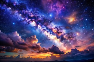 Fototapeta premium Vibrant night sky filled with twinkling stars, swirling clouds, and majestic nebulae, set against a breathtaking gradient of blue and purple hues, evoking magic and wonder.