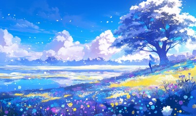 Enchanting Winter Wonderland with Majestic American Elm Trees: Anime-Style 4K Scene for Creative Marketing and Game Design. Dreamy Snowy Landscape Featuring Vibrant Blue Sky and Delicate Snowflakes, P