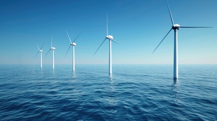 Massive wind turbine with rotating blades in ocean