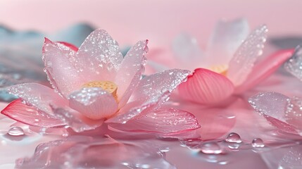 Delicate pink lotus flower petals with dew drops in serene natural environment