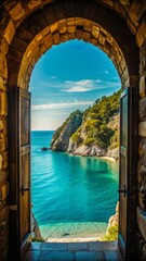 A stone archway frames a breathtaking view of a turquoise sea and a rocky coastline covered in lush greenery.