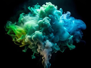 Ethereal cloud of swirling green and blue smoke unfurls on a dark isolated background, evoking a mysterious and ominous atmosphere, perfect for horror or thriller themes.
