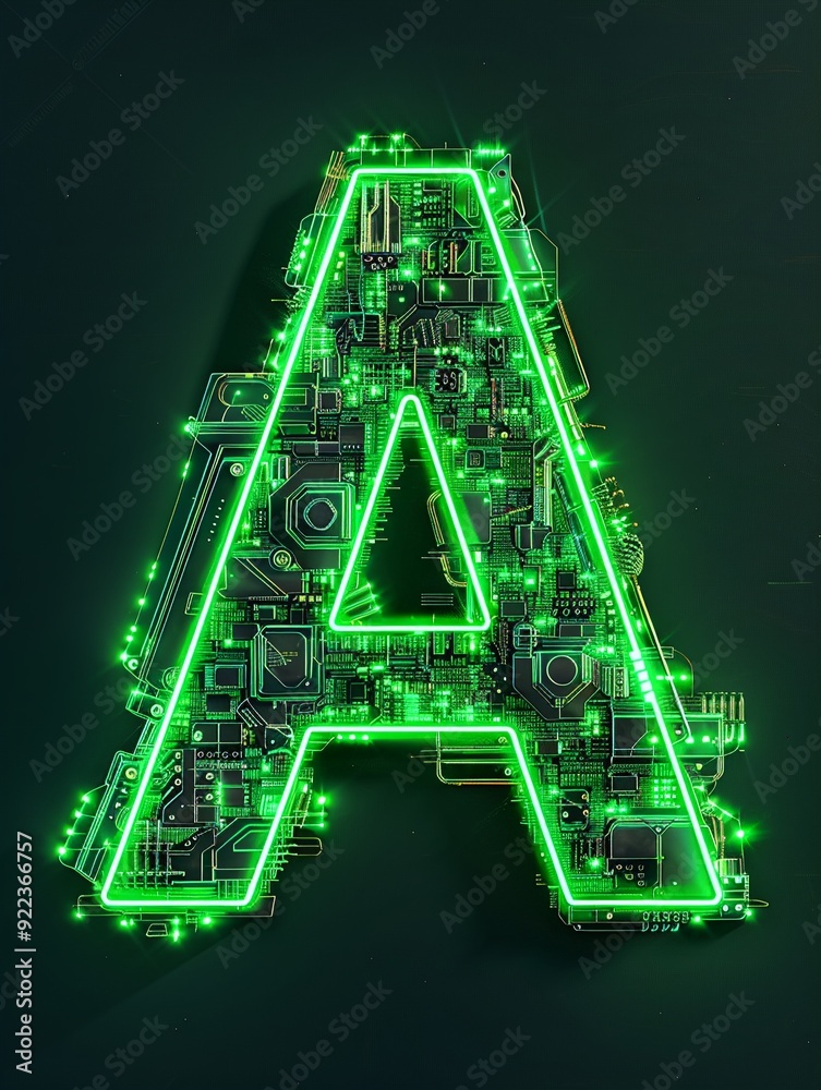 Aufkleber a glowing green letter a formed from circuit board elements, symbolizing technology and innovation i