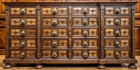 A grand, wooden cabinet stands tall, adorned with numerous drawers of varying sizes, each boasting unique knobs in ornate, antique, and modern designs.