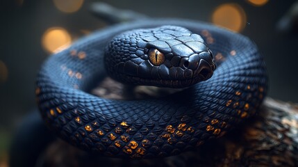 Fototapeta premium Black snake resting on a branch with golden scales