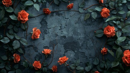Vibrant red roses entwined with green leaves against a textured dark background