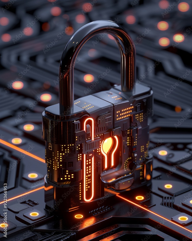 Poster a futuristic padlock glowing on a circuit board, symbolizing advanced cybersecurity and digital prot