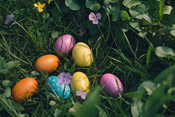 Colorful Easter eggs scattered in the grass, with some hidden among green leaves and purple flowers