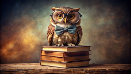 Whimsical owl adorned with spectacles and bow tie perches on a stack of vintage books, evoking wisdom and sophistication in a humorous, academic setting.