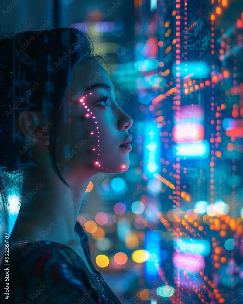 Aufkleber A profile view of a woman illuminated by colorful neon lights and digital patterns, evoking a futuristic urban atmosphere.