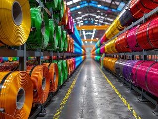 Obraz premium A vibrant warehouse filled with colorful spools of material, showcasing a visually appealing display of organized creativity.